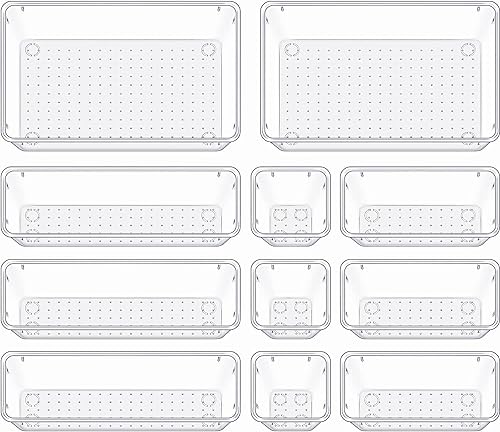 Image of Clear Plastic Drawer Organizers Set, 4-Size Versatile Bathroom and Vanity Drawer Organizer Trays, Storage Bins for Makeup, Bedroom, Kitchen Gadgets Utensils and Office (11 PC SET)