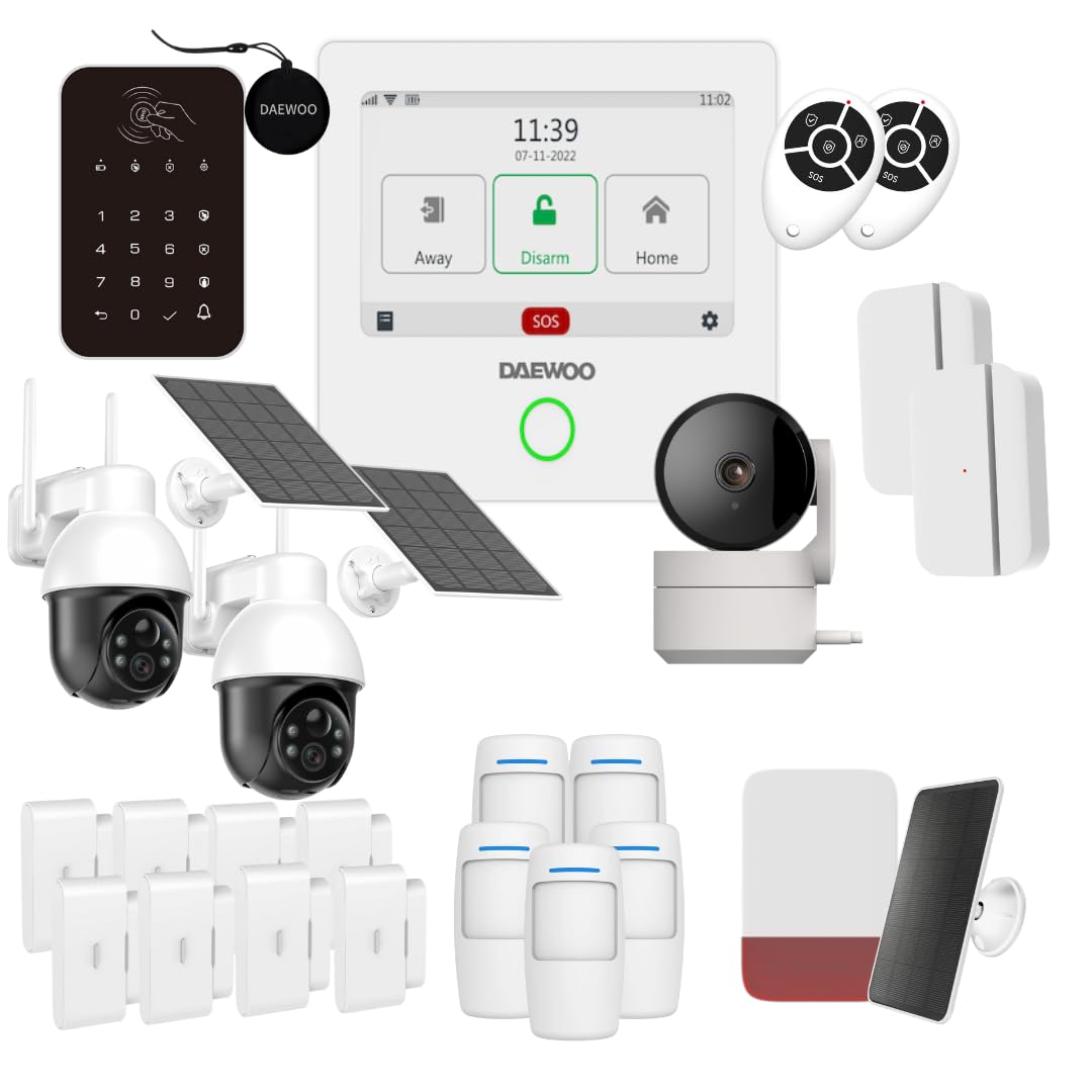 Daewoo Alarmanlage, WLAN/GSM Touch, 4,3 Zoll (10,9 cm), AM505 – System kabellos und ohne Abonnement, tierfreundlich, Detektoren inklusive + Überwachungskamera, Full HD, Mobile App inklusive