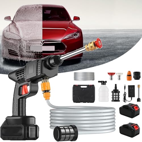 Lavadora a Presión Inalámbrica, Limpiador de Alta Presión Portátil de Mano inalámbrico con 2 16680VF Pilas y Caja de Almacenamiento, Distancia de Pulverización de Agua de 0-8 Metros, para Coches