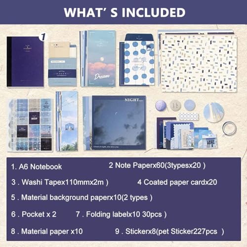 Image of ATIRAMANIYA Vintage Aesthetic Scrapbook Kit(346Pcs) Scrapbooking Supplies Kit with Bullet Junk Journal,Stationery,A6 Grid Notebook Journaling Gift for Girl (New Blue Scraobook)