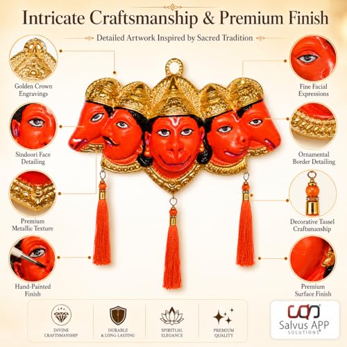 Image of Salvus APP SOLUTIONS Panchmukhi Hanuman Ji Face Wall Hanging for Protection and Blessings (Sindoori 7x4.5 Inch)