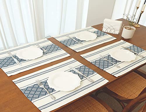 Image of ALSTONIA Cotton Table Runner -Pack of 5 The Style of Our Table Linen and Dining Rooms and Eating Areas (Blue, 1 PCS Runner 4 PCS PLACMENT)