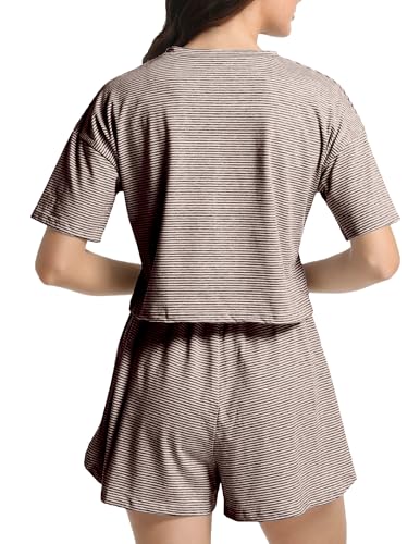 Image of Split Short Pajama Set Soft Women's Striped Pajama Sleeve Tee & Elastic Waist Shorts Summer Lounge Sleepwear