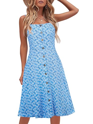 Image of Berydress Women's Casual Beach Summer Dresses 2026 Solid Cotton Flattering A-Line Spaghetti Strap Button Down Midi Sundress