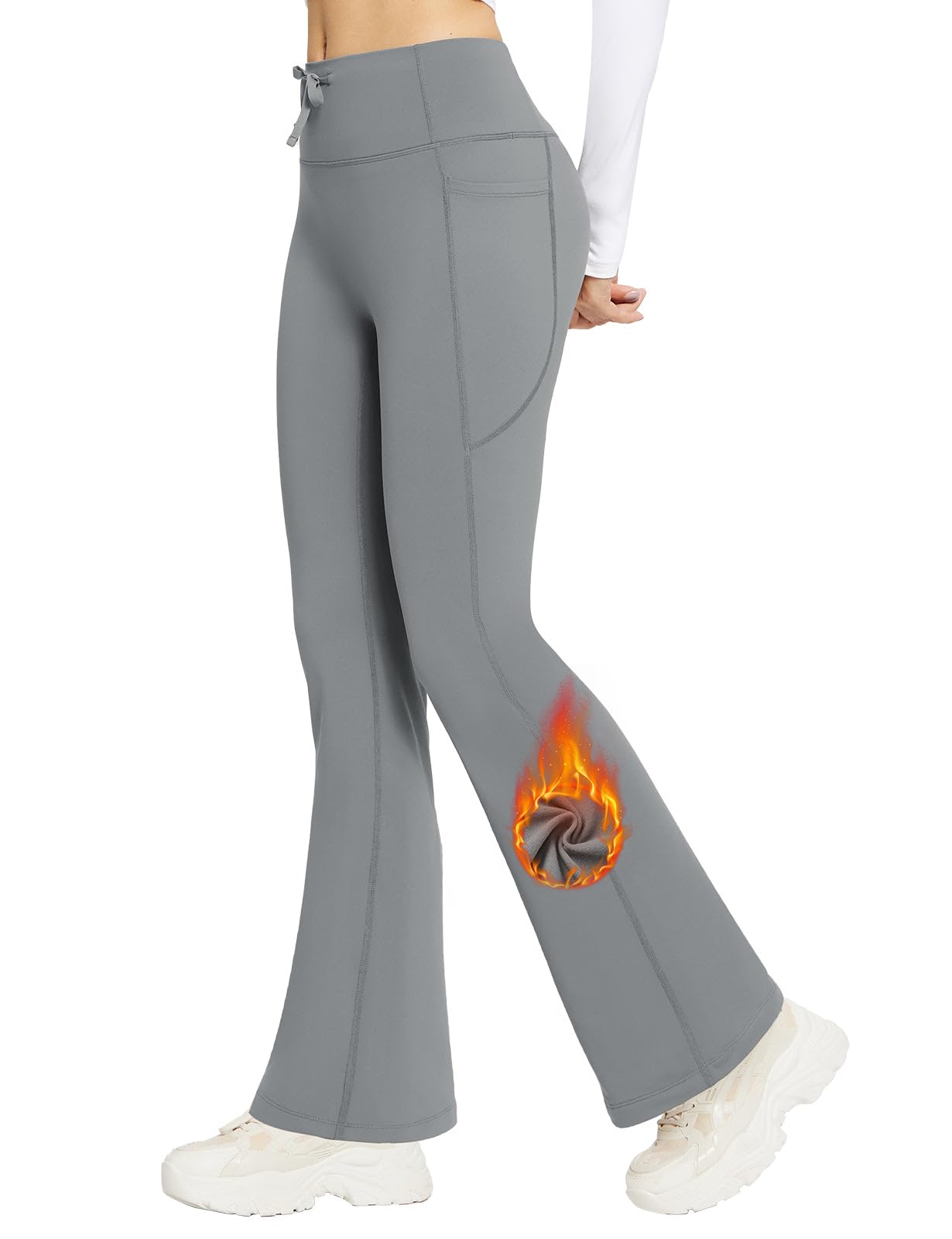 BALEAFWomen's Fleece Lined Pants Winter Thermal Warm Bootcut Flare Leggings  Hiking Yoga Pants with Zip Pockets Cold Weather