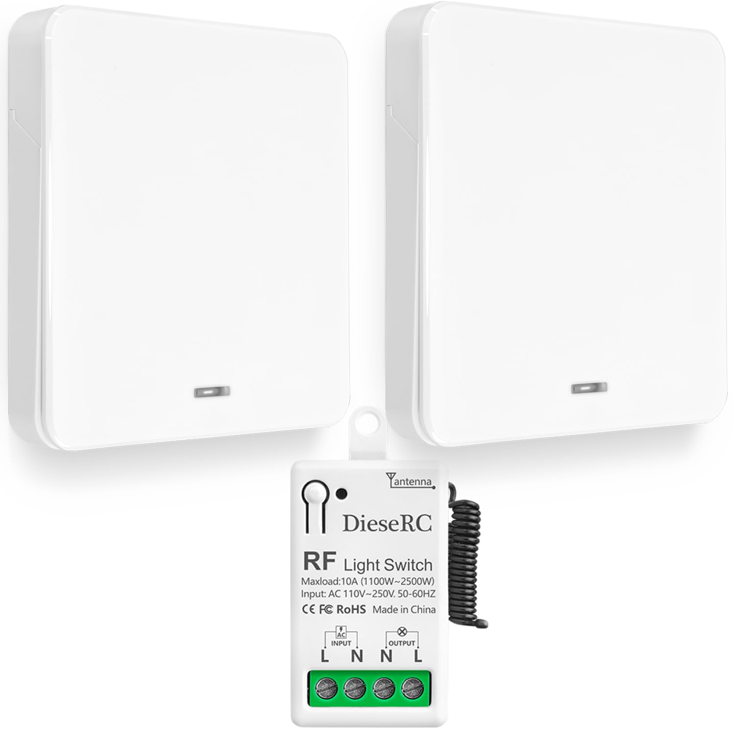 DieseRC Interrupteur de Lumière Sans Fil, Interrupteur émetteur RF pour Panneau Mural de type 86 et Contrôleur-récepteur à Relais de 10 A, pour des Lumières Jusqu'à 1500 W