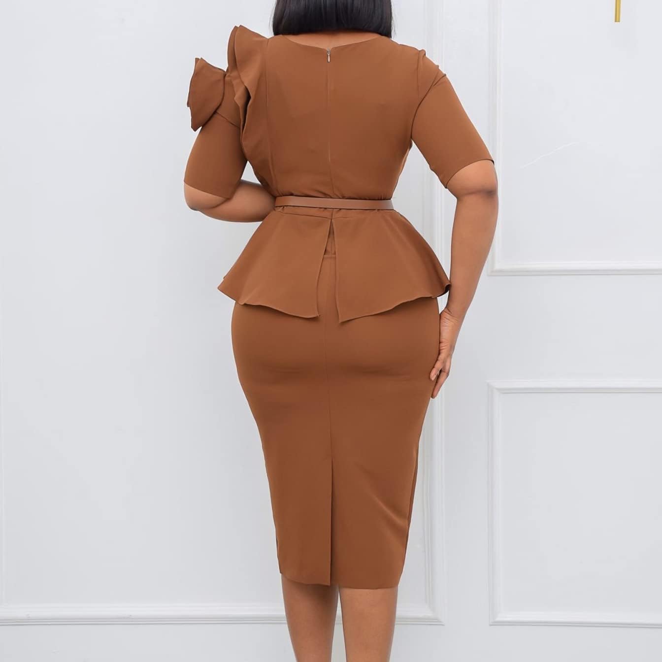 HILLDI Evenings Womens Plus-Size Round Neck Work Dress Sleeve Bridesmaid Dress Business Formal Work Pencil Dress - Image 3