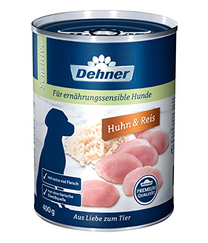 Dehner Premium Hundefutter Sensitive, Nassfutter zuckerfrei / getreidefrei, für ausgewachsene ernährugssensible Hunde, Huhn / Reis, 6 x 400 g Dose (2.4 kg)