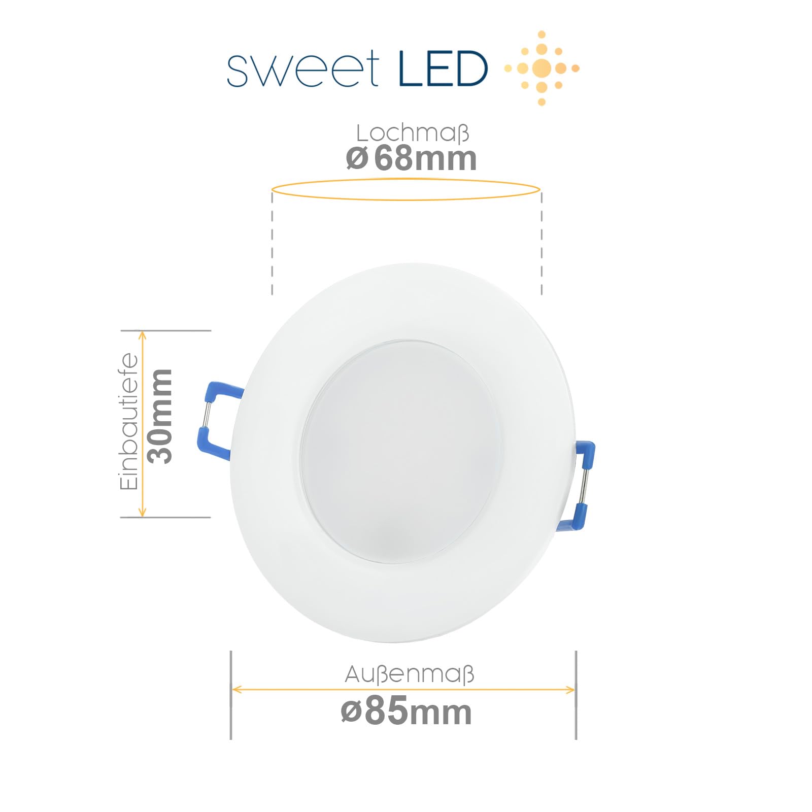 Sweet Led - LED Einbaustrahler 230V - LED Spots 6.5W Lochmaß Ø68mm - CCT IP44 Einbauspots für Badezimmer, Küche - Deckenspots 3000K 4000K 6500K - Einbauleuchten (10er | weiß)