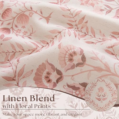 Image of Pink Linen Floral Pattern 96 Inch Curtains 2 Panel Set for Living Room | Semi Sheer, Light Filtering, Window Curtains, Blush Flower, Plant Leaf Print, Vintage, Boho, Drapes for Bedroom , Nursery