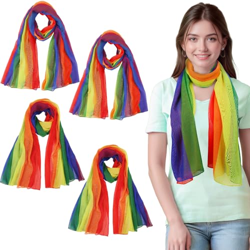 4 Pcs Rainbow Pride Voile Shawl for Women 2 Styles Lightweight Soft Scarf LGBT Stripes for Party Outfit Accessories