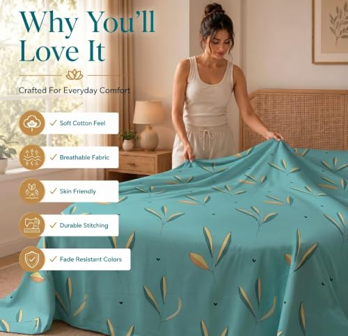 Image of HOMEKART Glace Cotton 160 TC Leaf Printed Double Bedsheet with 2 King Size Pillow Covers | Soft & Durable | 86 x 88Inches (Green)