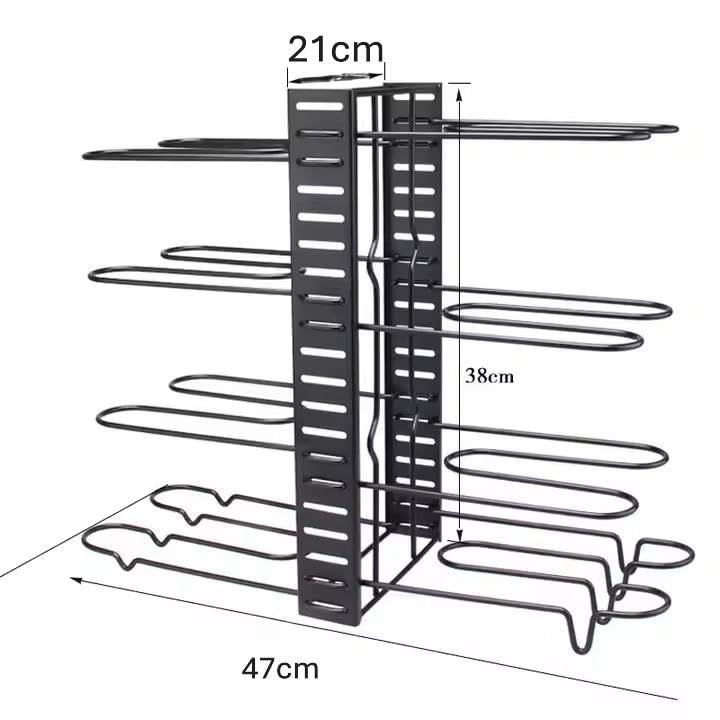 Image of ZEUS GLOBALIZED Iron Metal Pot Countertop Pan Rack Organizer, 8 Pots Holder, 4-Tiers Each Side, Tiered Shelf, Cabinet Pantry Pot Pan Lid Holder, Black