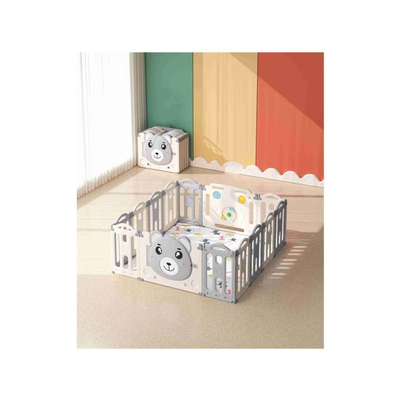 Recinto per Bambini in Plastica PL38 Area Giochi Pieghevole, 12 Pannelli + 2 Pannelli Gioco + 1 Porta, Box Neonato Interno ed Esterno, 148x148x62 cm, Grigio