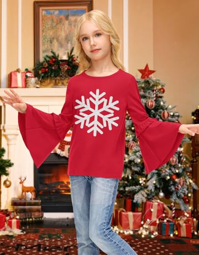 Image of BesserBay Girls Christmas Long Bell Sleeve Ruffle Tunic Top 4-12 Years