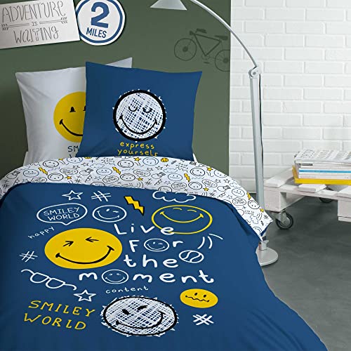 Smiley World Scribble Parure de Lit 140x200 cm | 100% Coton | Oeko-TEX | Housse de Couette 1 Personne 140x200 cm 1 Taie d'oreiller 63x63 cm Imprimés Réversibles | Bleu Marine