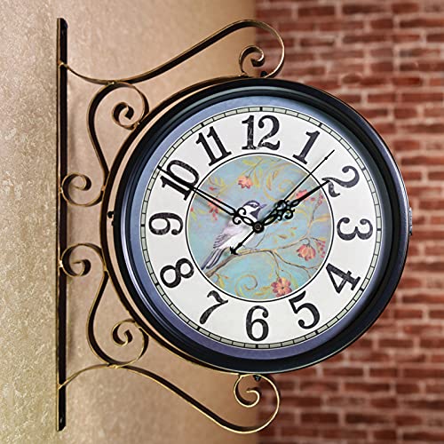 CKKNILV Outdoor Garden Wall Clock, Wrought Iron Retro Double Sided Station Clock Garden Clock 360° Rotation Waterproof Outdoor Clock Decoration Outside Clock