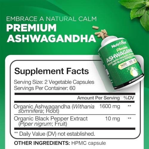Nutrivein Premium Ashwagandha Capsules 1600mg with Black Pepper Extract - 120 Vegan Capsules - High-Absorption Ashwagandha Supplements from Pure Root Powder - Mood, Balance, Defenses, and Vitality - Image 3