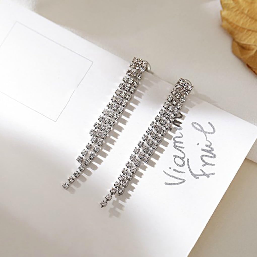 Sparkling Rhinestone Long Tassel Earrings for Women Vintage Crystal Tennis Chain Chandelier Dangle Earrings Simple Prom Earrings Birthday Jewelry Gift - Image 6
