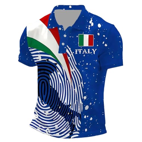 Tshirt Uomo Tricolore Bandiera Italiana T-Shirt 2025 Italia Bandiera Stampa Calcio Maglia Estiva Manica Corta Scollo A V Regular Fit Maglietta Sportiva Button Down Maglietta Casual, Blu 1, XL