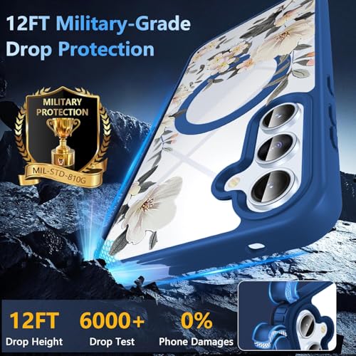 Image of VONZEE Compatible with Samsung Galaxy A16 5G Case Luxury Retro Flowers Floral Clear for Magnetic Wireless Charging Case Shockproof PC+TPU Cute Glossy Shiny Cover for Girls Women, Blue