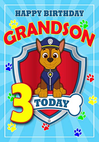Grandson Age 3 Birthday Card – Paw Patrol – Optional PERSONALISED EXTRA LARGE 77MM BADGE - FULL COLOUR INSIDE!