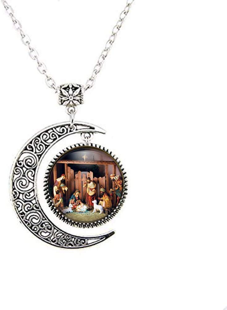 shanzuofengChristian Moon Necklace Baby Jesus Jesus Gift Spiritual Jewelry Jesus Scene Holy Adoration of The magi Religious Gifts Catholic Jewelry
