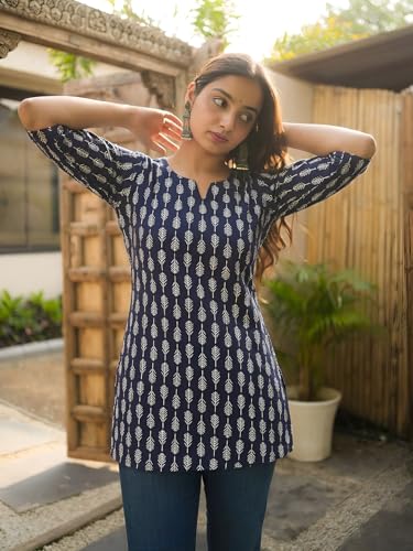 Image of Pinkmint Women's Printed Cotton Blend Short Kurti l All Over Printed V-Cut Neckline Casual Wear Tunic Top's l Ethnic Top's for Girls