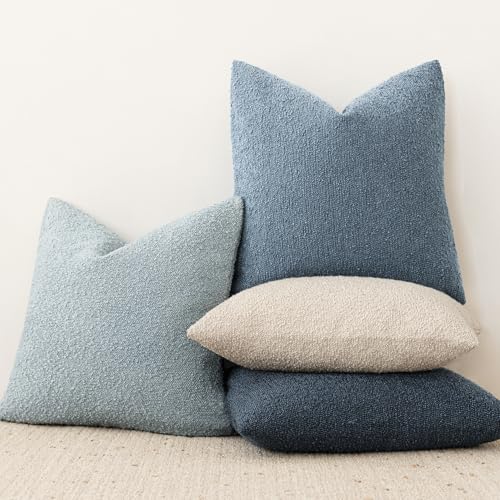 Image of Foindtower Pack of 2 Textured Boucle Throw Pillow Covers Accent Solid Decorative Pillow Cases Cozy Woven Couch Cushion Case for Sofa Bedroom Living Room Home Decor 20x20 Inch Misty Blue