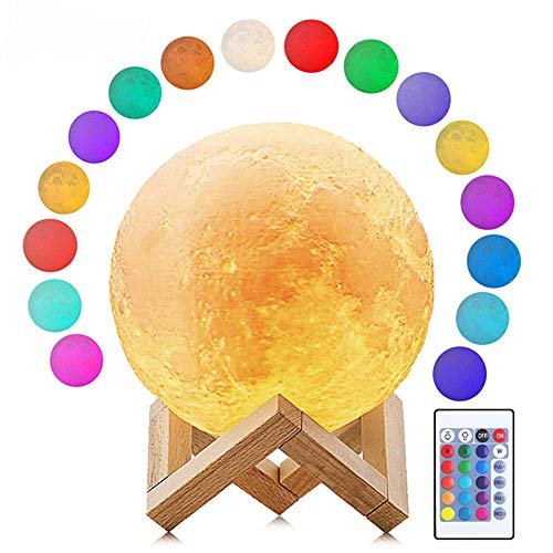 Lâmpadas Deewin Moon Light com suporte de impressão 3D Lua, 16 cores LED regulável com controle de t