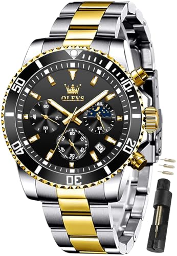 Image of OLEVS Watches for Men Classic with Date Business Dress Luxury Big Face Green /Black /Blue Waterproof Luminous Mens Wristwatch Analog Two Tone Stainless Steel Male Watch