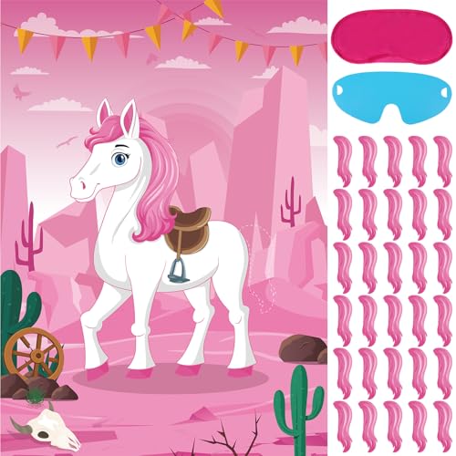 Hxezoc Pin The Tail On The Horse Game with 30 Pcs Tails Large Pink Western Horse Games Poster for Girls Kids Western Birthday Party Carnival Party Supplies