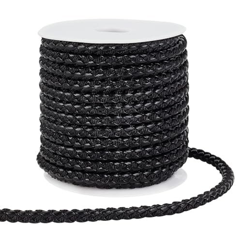 PandaHall 10 Yards Round Braided Leather Cord, 5.5mm Black Jewellery Craft Cord for DIY Bracelets Necklaces, Belts Making