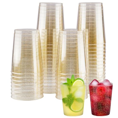Zosenyer 50 copos de PVC rígido, 300 ml copos de PVC com brilho dourado, copo reutilizáveis de polipropileno transparente ideal, material ecológico para festa, aniversário e Natal