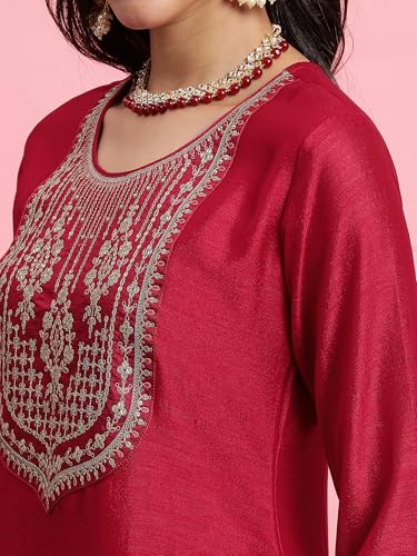 Image of INDO ERA Women's Embroidered Silk Blend Calf Length Straight Kurta Trouser with Dupatta Set (IEOUT7391)