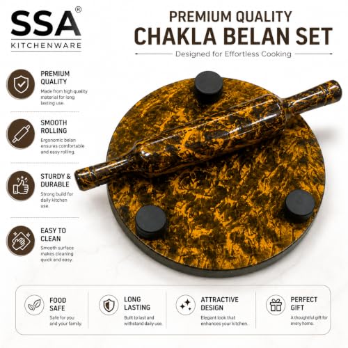 Image of SSA Waterproof MDF Chakla Belan Set | 10 Inch Waterproof Rolling Board with 12 Inch Wooden Belan | Handcrafted Marble Design | Non Slip Surface | Roti Chapati Paratha Puri Dough Roller | Yellow
