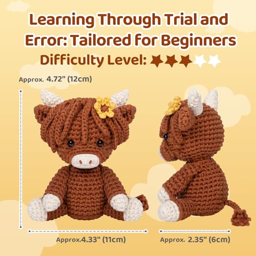 Image of Mewaii Crochet Kit for Beginners with 40% Extra Eco-Friendly Pre-Started Easy Yarn, Step-by-Step Video Tutorials for Adults and Kids (Highland Cattle)