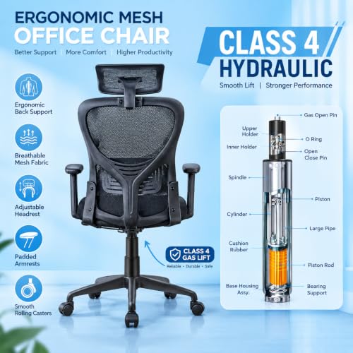 Image of VELORA Ergonomic Office Chair - High Back Mesh Computer Chair with Adjustable Lumbar Support, Headrest, Armrests | Height Adjustable, Tilt Lock | Work from Home, Study, Gaming | 100kg Capacity, Black