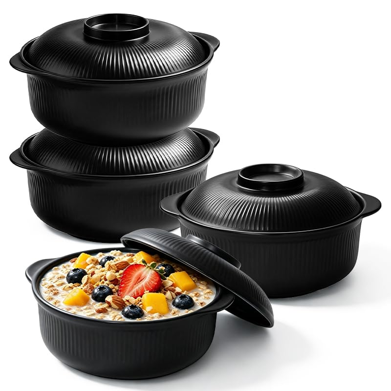 Image of Black 40oz Cereal Bowls with lids set of 4,Microwave Safe,Family&Camping