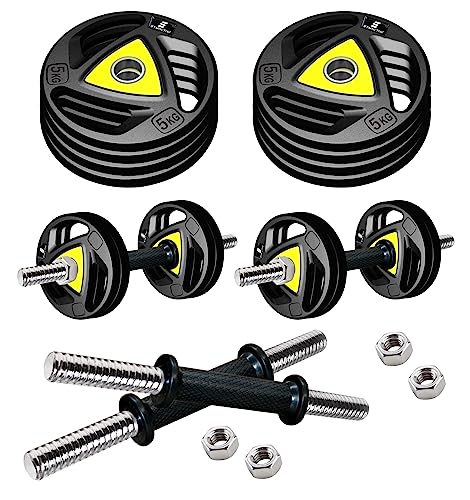 Image of Amazon Brand - Symactive Professional Metal Integrated Rubber Adjustable 40 Kg Dumbbells Fitness Kit For Full Body Workout (5X8 Kg Rubber Weight, 14'' Dumbbell Rods Pair & Nuts), Multicolor