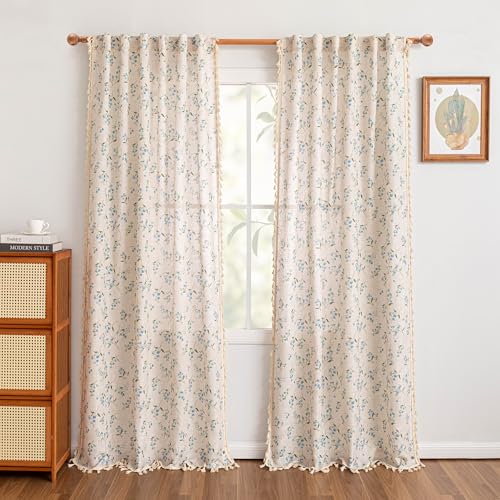 Image of MYSKY HOME Blue Floral Farmhouse Semi Sheer Curtains 84 Inches Long Linen Blend Boho Vintage Light Filtering Privacy Rustic Country Drapes with Tassel Back Tab for Living /Dining Room, 50 inch Wide, 2 Pcs