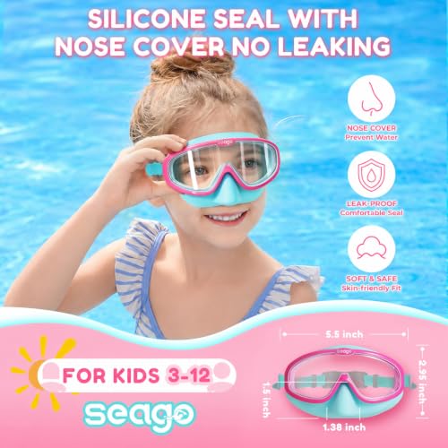 Image of Seago Kids Swim Goggles 2 Pack for 3-12, Anti-Fog Clear View,Toddler Goggles with Nose Cover Swimming Goggles