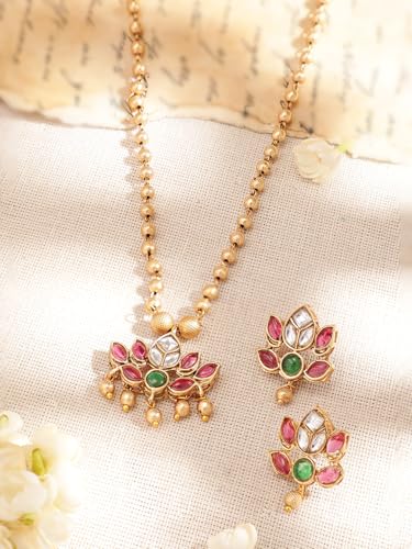 Image of Rubans Necklace Set Gold Plated Traditional Stylish Floral Theme Jewellery Gift for Women & Girls