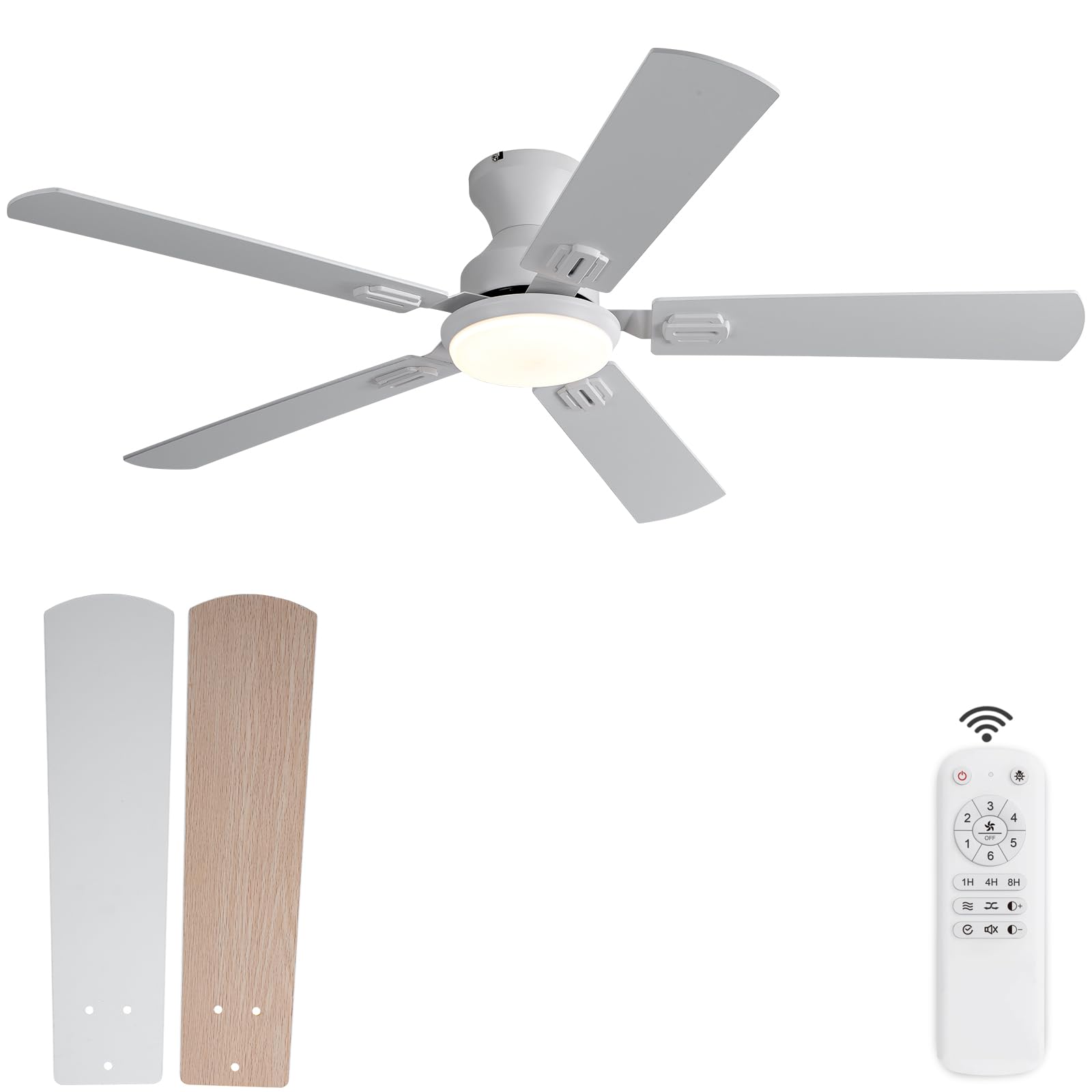 KENSID 52 Inch White Ceiling fans with lights and Remote,Low Profile Flush Mount Modern Ceiling Fan with Light, 5 blades,Dimmable LED Light,6 Speed DC