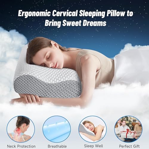 CloudBliss Memory Foam Pillow, Ergonomic Neck Contour Cervical Pillow for Back and Shoulder Pain, Orthopedic Pillow for Neck Pain Relief, for Sleeping Side, Back, Stomach Sleepers - Grey, Standard
