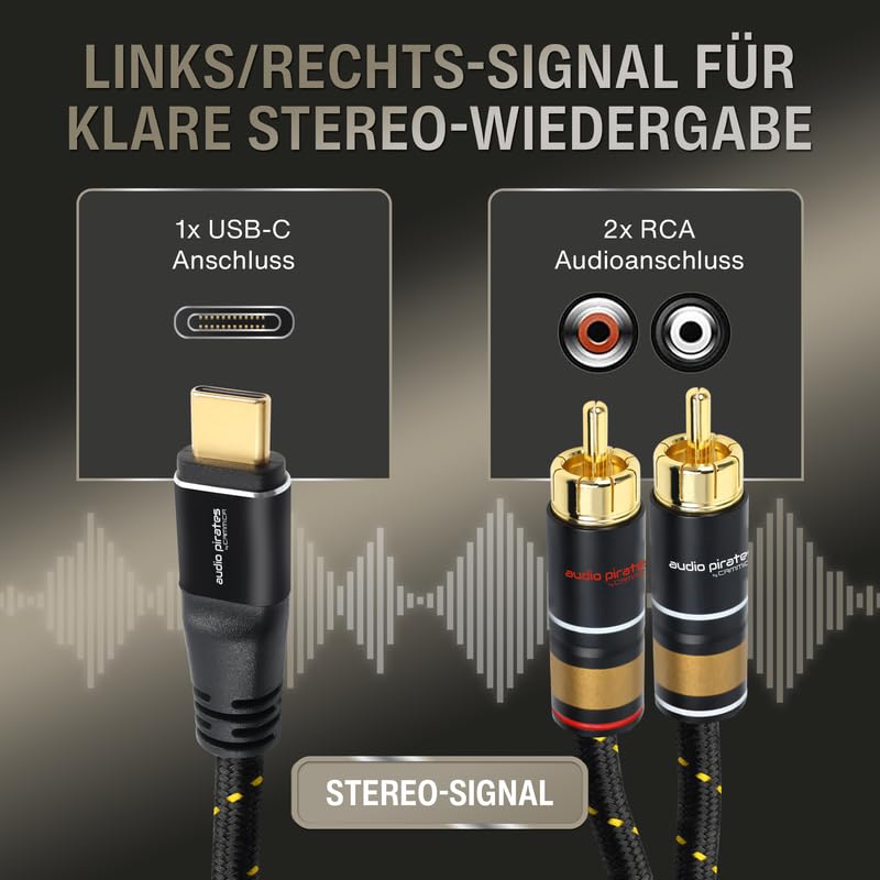 audio pirates by cammica USB-C a 2 connettori RCA Clinch, cavo RCA, cavo audio | cavo audio di fascia alta con alloggiamento in metallo e contatti dorati (10 metri)