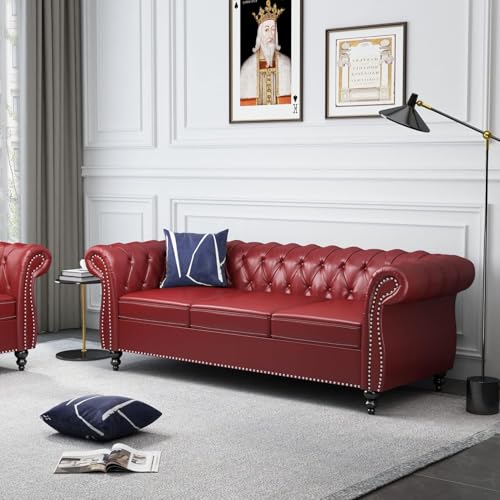 Image of WOODEN WORLD Modern & Classic Leather Sofa Set - Luxurious Comfort, Stylish Design, and Durable Build (Red, 3+2+1 Seater)