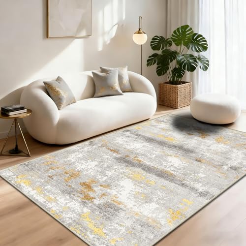 WQMMD Tapis de salon, lavable, 160 x 230 cm, beige, gris avec or, moderne, abstrait, à poils courts, antidérapant et doux, idéal pour la salle à manger, le...