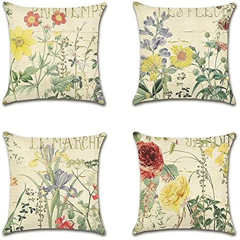 Artscope wasserdichte Kissenbezugen, 4 Stück Vintage Gelbe Blume Kissenhülle Atmungsaktiv Kissen Fall für Outdoor Balkon Terrasse Patio Garten Bauernhaus Dekor 45 x 45cm Cover