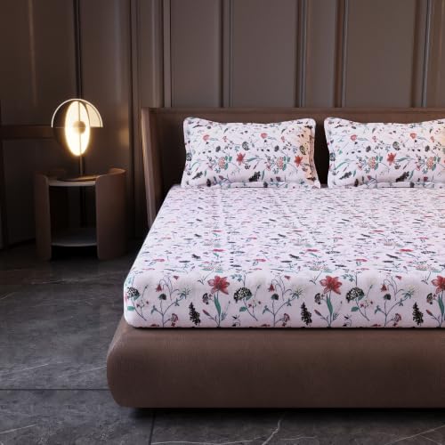 Image of Divine Casa Cotton King Size Bedsheet | 210 TC Soft Breathable Pigment Twill Satin Bed Sheet with 2 Pillow Covers | Luxury Bedding Set | 275 x 275 cm (Rose Pink, Floral)